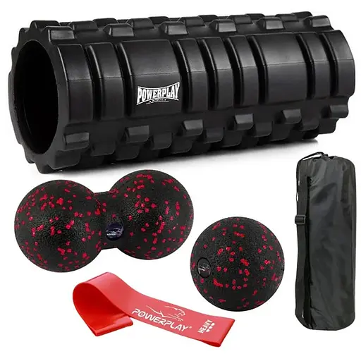 Набір для масажу та йоги PowerPlay PP_4096 (Ролик 33*14 + 2-ва мячі) Black + гумка 11 кг (PP_4096_Black) - фото 1