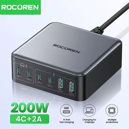 Зарядний пристрій адаптер живлення Rocoren 200 W GaN 0242 2U+4C чорна вилка США (US plug) - фото 2