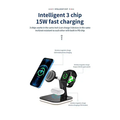 Бездротова зарядна підставка 3-in-1 LED Magnetic wireless charger JYD-WC101 чорна - фото 3