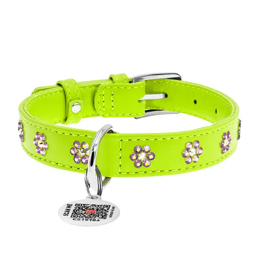 Нашийник для собак шкіряний Waudog Glamour з QR-паспортом з клейовими стразами "Квіти" Ш 15 мм Д 27-36 см салатовий - фото 3