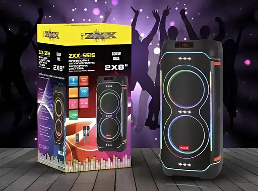 Портативна колонка ZXX-5515 з 2 мікрофонами та пультом Акустична система 80Вт 2x8" RGB підсвічування Чорний - фото 6
