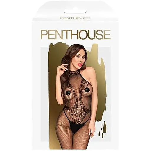 Бодистокинг с высоким кружевным воротником Penthouse - First Lady Black XL - фото 3