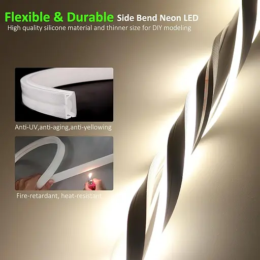 Неонова світлодіодна стрічка JOYLIT 24 В, 5 м, натуральний білий, 6500 K, IP67 Водонепроникна, 4 x 10 мм Тонка бічна смуга - фото 3