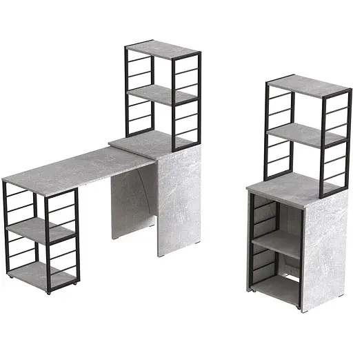 Стол-тумба трансформер Смарт 3/1 с этажеркой Ferrum-decor 1430x1450x500 Черный металл ДСП Бетон 16 мм (FRD-105115)