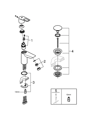 Змішувач для умивальника S-Size + натискний донний клапан Grohe BauLoop New 23878001 Хром - фото 3