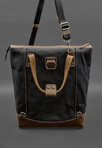 Сумка-рюкзак з канвасу та натуральної темно-коричневої шкіри - фото 6