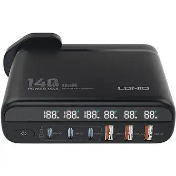 Адаптер живлення мережевий зарядний пристрій LDNIO A6140C 140W LED display GAN - фото 1