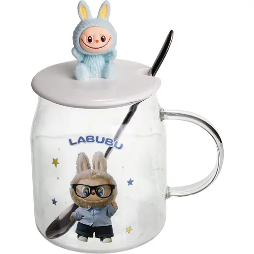 Чашка скляна Yiwu Labubu 600 мл з ложкою і порцеляновою кришкою блакитний Yiwu FM-56D