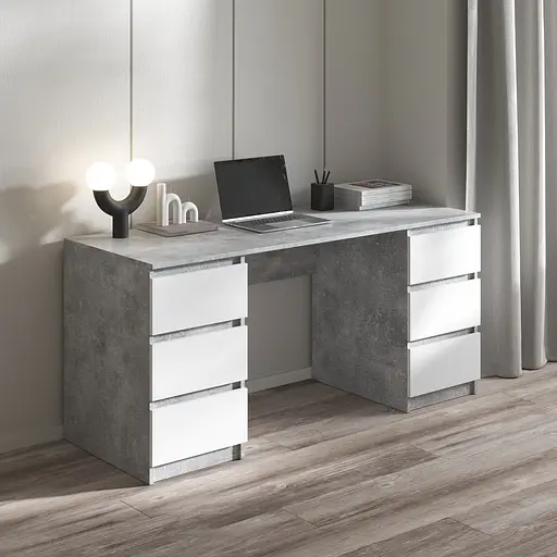 Компьютерный стол Vays R-2 Бетон-Белый фасад, письменный с 2 тумбами, 6 ящиков без ручек, ЛДСП 160×60×75 см - для дома, офиса, учебы