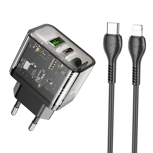 Зарядное устройство Hoco N34 USB/ Type-C QC PD 20W прозрачно-черный + кабель Type-C to Lightning - фото 1