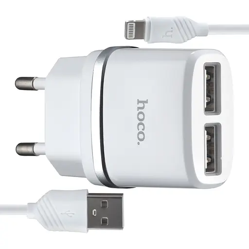 Мережевий зарядний пристрій Hoco C12 Smart dual USB charger set with Lightning cable ( EU ) 2USB 2.4A Білий - фото 1