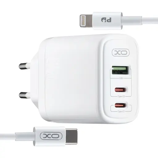 Мережевий зарядний пристрій XO CE04 ( EU ) 65W Fast Charger ( TYPE-C PD65W / USB-A QC45W ) CE with lighting ( NB113 ) cable - фото 1