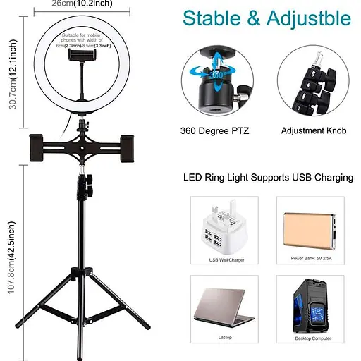 Кільцева USB LED лампа Puluz PKT3053B 10"+ штатив 1.1 м - фото 2