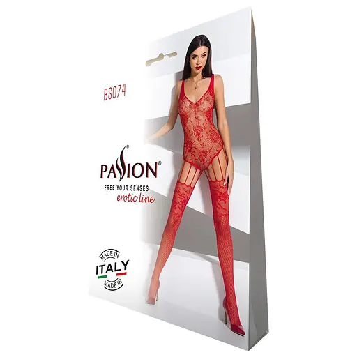 Ажурный бодистокинг с имитацией чулок Passion BS074 red One size - фото 4