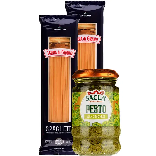 Набор: Изделия макаронные Terra di Grano Спагетти 1 кг (2 шт. x 500 г) + Соус Sacla Песто с базиликом 190 г  - фото 1