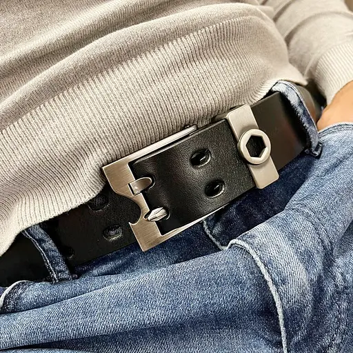 Ремень мужской кожаный черный JK-4068 (125 см) мультитул - фото 7