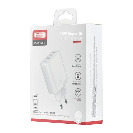 Мережевий зарядний пристрій XO CE04 ( EU ) 65W Fast Charger ( TYPE-C PD65W / USB-A QC45W ) CE Білий - фото 2
