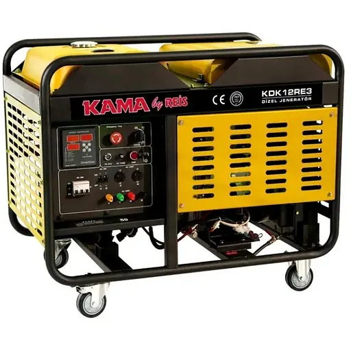 Генератор дизельный KDK12RE3, 3-фазный 220/400V, 50Hz, 12kVA/10kW, бак 34л, расход 3 л/ч, пуск: стартер, водяное охлаждение, 1060x650x735 мм, 220 кг