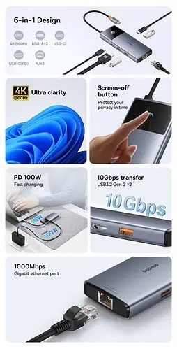 Хаб адаптер док-станция Baseus 6-in-1 Metal Gleam Series II USB-C to HDMI + LAN (RJ-45) B00061802813-00 - фото 7