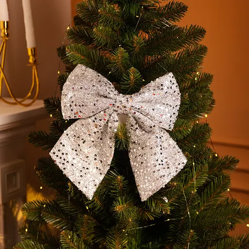 Бант новорічний для декору з паєтками на ялинку 25×35 см великий новорічний бант на маківку ялинки Сріблястий CR-2-28 Yiwu - фото 2
