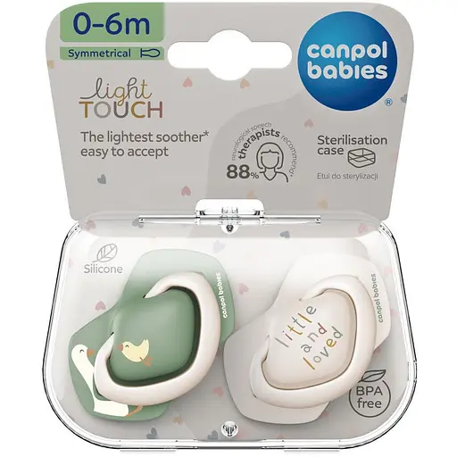 Пустышка Canpol babies Light touch Гуси силиконовая симметричная 0-6 мес. 2 шт. зеленая с белым (22/667)