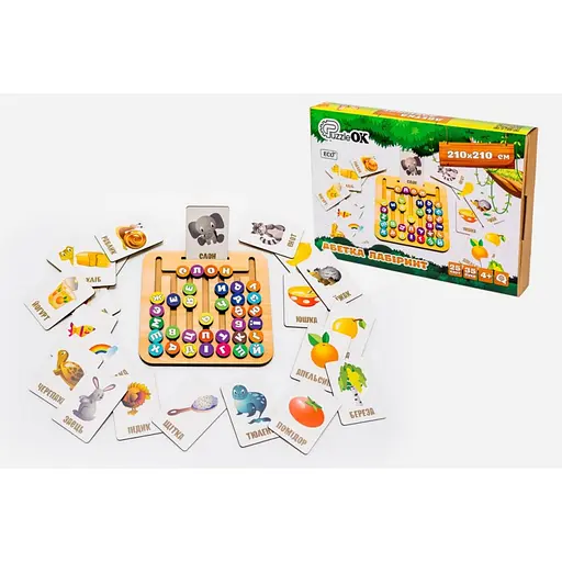 Дерев’яна іграшка монтессорі "Абетка лабіринт" PuzzleOK Puz-72859, 25 карт 35 букв - фото 2