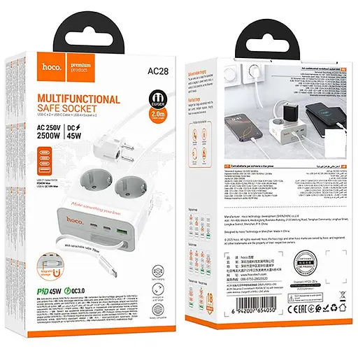 Подовжувач Hoco AC28 Descanso (PD45W/1C/3A/2xSocket) (2m) White - фото 6