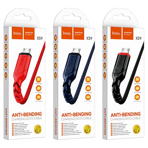 Кабель HOCO X59 USB to Micro 2.4A, 1m, nylon, TPE соединители, Black - фото 3