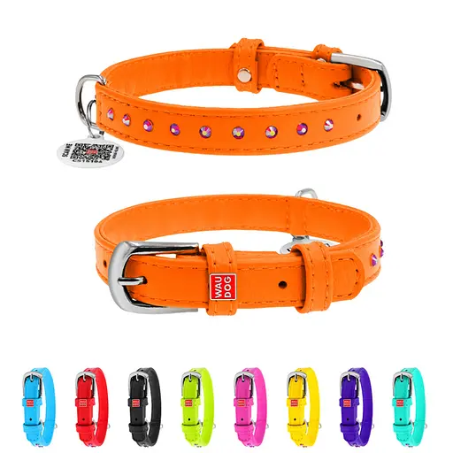 Нашийник для собак шкіряний Waudog Glamour з QR-паспортом з клейовими стразами Ш 12 мм Д 21-29 см помаранчевий - фото 2