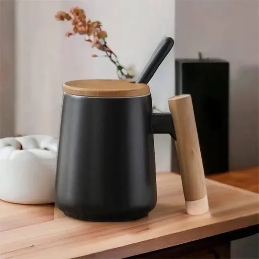 Кухоль керамічний OldBro з дерев'яною ручкою кришкою та ложкою 480 мл black - фото 3