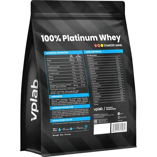 Протеїн VPLab 100% Platinum Whey Полуниця та банан 750 г - фото 2