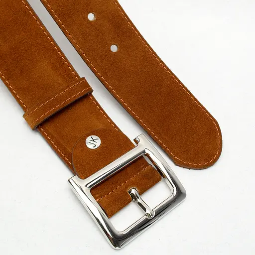 Ремень женский широкий замшевый JK-5017 рыжий с серебристой пряжкой (120 см) - фото 4