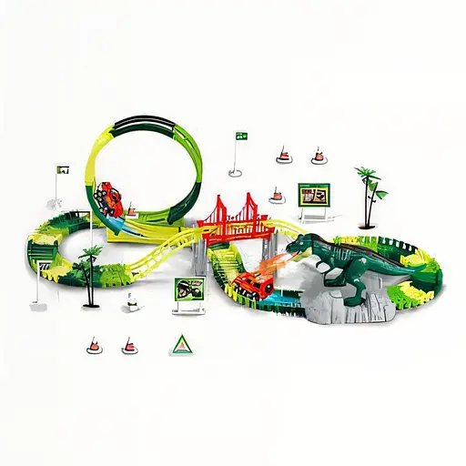 Трек GD 29 A (18/2) 146 деталей, динозавр, парогенератор, звук и подсветка, машинка, длина трека 305 см