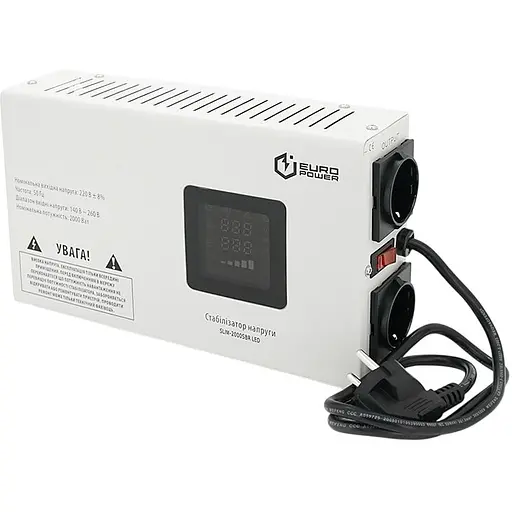 Стабилизатор напряжения релейный настенного монтажа Europower SLIM-2000SBR LED 2000ВА 1400Вт 140-270В переменного тока SHUKO 2 Q1