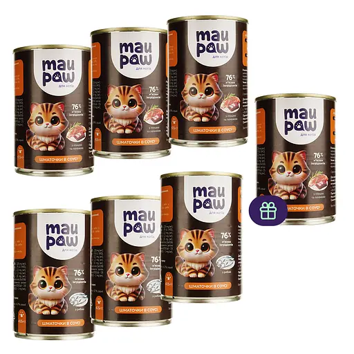 Набор влажного корма для взрослых кошек MAU PAW кусочки в соусе 2.905 кг (6 шт. + 1 шт. подарок х 415 г)