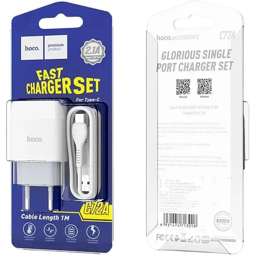 Зарядний пристрій Hoco C72A Glorious (1USB, 2.1А) White (6931474713018) + кабель Type-C - фото 8