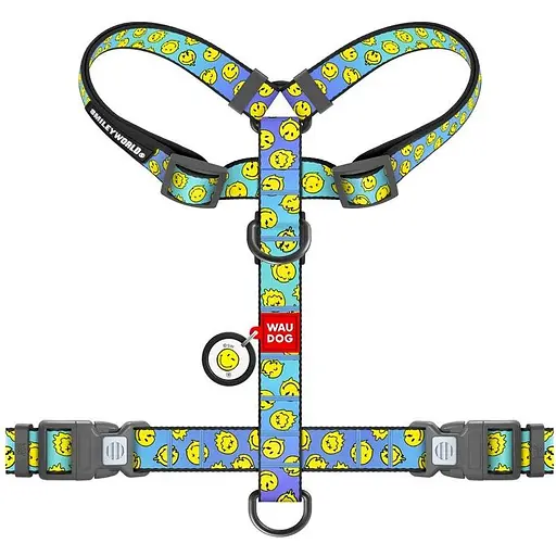 Шлея для собак Waudog Nylon анатомічна H-подібна з QR-паспортом, малюнок "Смайли на блакитному", пластиковий фастекс, L - фото 2