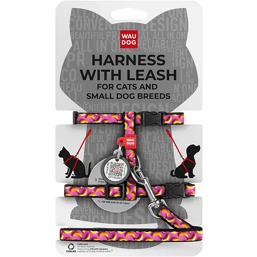 Шлея з повідцем для котів та дрібних порід собак Waudog Nylon з QR паспортом, малюнок "Банани на рожевому", пластиковий фастекс
