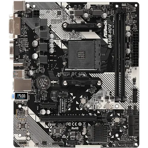 Материнская плата AsRock AM4 (B450) B450M-HDV R4.0, B450, 2xDDR4, Int.Video(CPU), 4xSATA3, 1xM.2, 1xPCI-E 16x 3.0, 1xPCI-E 1x8. 6xUSB3.1/4xUSB2.0, VGA/DVI-D/HDMI, mATX