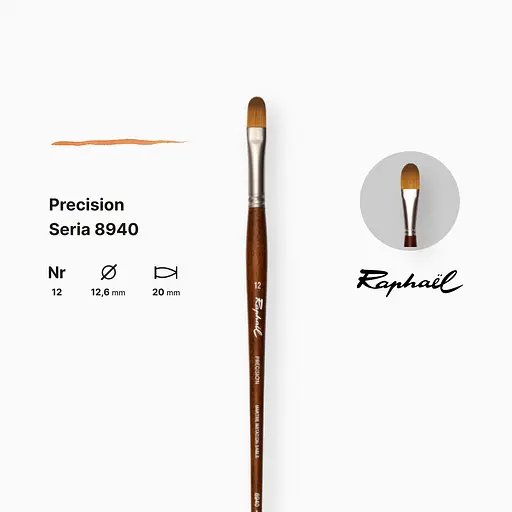 Кисть синтетика овальная Raphael Precision, №12, для акрила и масла, длинная ручка - фото 2