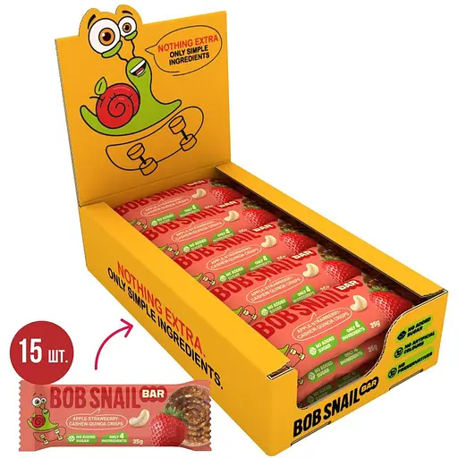 Уценка. Набор фруктово-ягодно-ореховый батончик Bob Snail Яблоко-Клубника-Кешью-Криспы Киноа 35 г x 15 шт. - фото 1