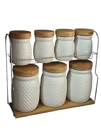 Набір банок для сипучих продуктів TS Kitchen HP-1215-8 кераміка бамбук на підставці 8 предметів Білий - фото 1