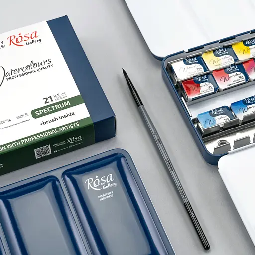 Набір акварельних фарб з пензлем SPECTRUM 21×2.5 мл кювета Індіго металевий пенал Rosa Gallery - фото 4