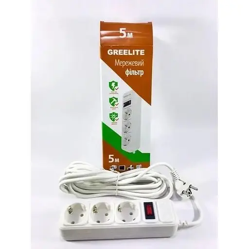 Сетевой фильтр Greelite SP5 удлинитель на 3 розетки 5 м с защитой от скачков напряжения белый - фото 2