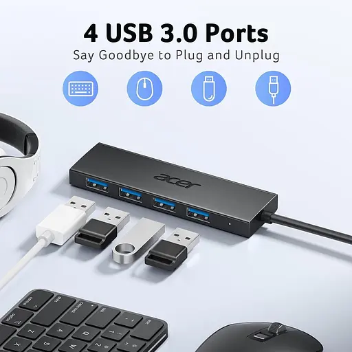 Acer USB C Hub 4 порти, кілька USB 3.0 Hub, USBC Splitter для ноутбука з портом живлення TypeC, подовжувач для ноутбука, ПК - фото 4