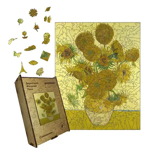 Дерев'яний фігурний пазл Соняшники, А1, Дерев'яна коробка 500+ елементів - фото 1
