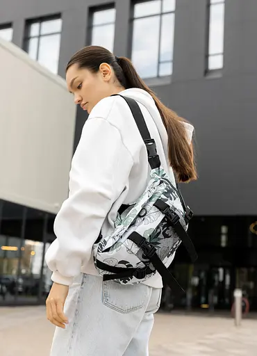 Большая женская поясная сумка бананка Sambag DynamicDart принт "Leaves" 38×21×7 см (80411144) - фото 2