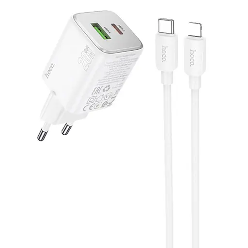 СЗУ Hoco N41 Almighty PD20W+QC3.0 (1USB-A/1C) + кабель Type-C to Lightning White