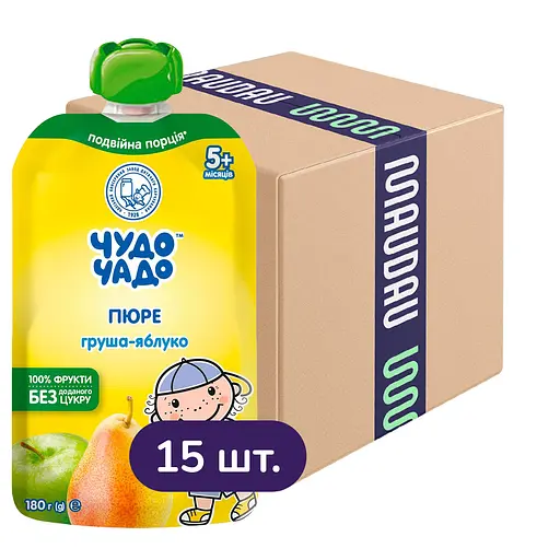 Упаковка пюре Чудо-чадо Груша-яблуко без цукру 2.7 кг (180 г х 15 шт.)