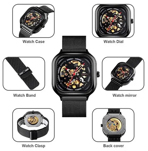 Чоловічий механічний годинник Skmei 9184 скелетон (Чорний) - фото 4